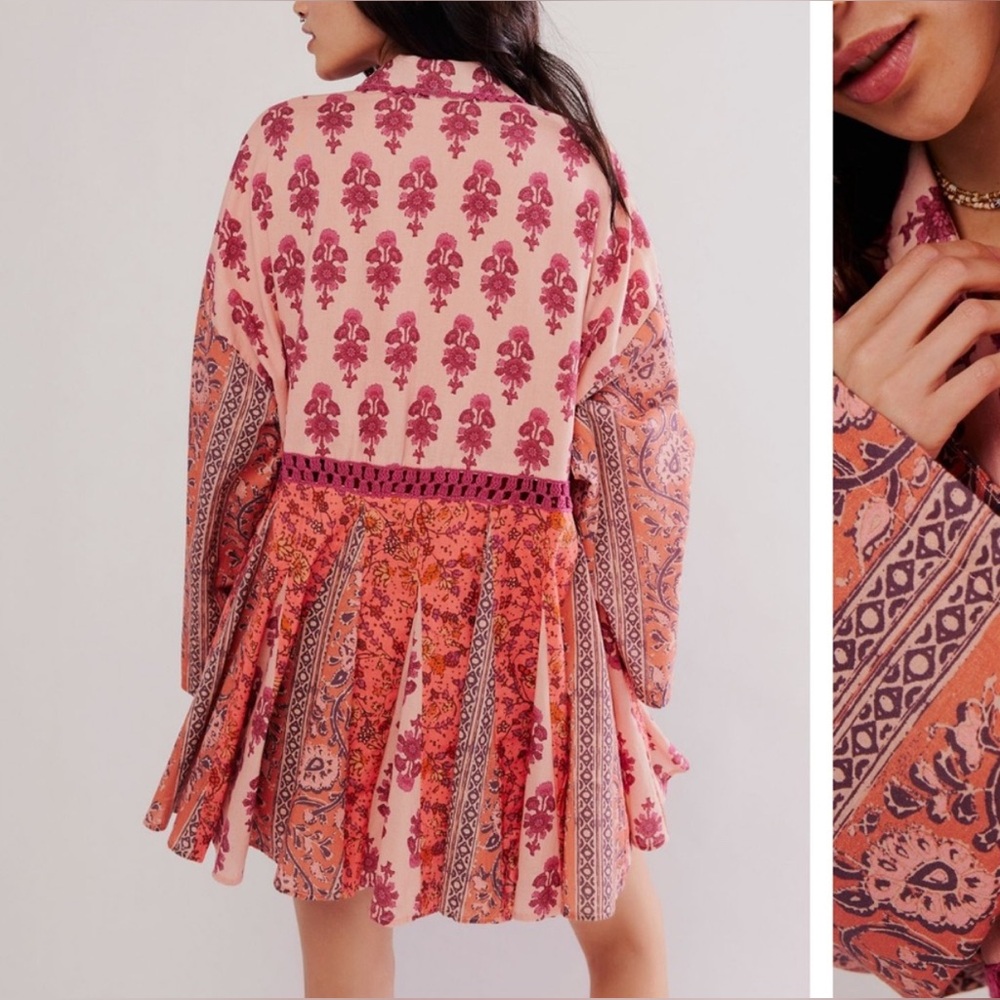 FP Free People Mini Dress Tunic Hazy Baby Printed Crochet S - Picture 3 of 11